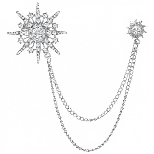 MBAIYO Silver Gold Rhinestone Star Brooch for Women Men, Fashion Crystal Snowflake Sun Lapel Pins Dress Suit Accessories Jewelry Winter Holiday Party Gift(Silver)
