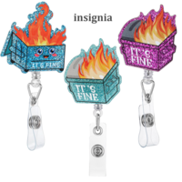 HJZHII 3 Pcs Badge Reels with Clip, It's Fine Card Holder Funny Dumpster Fire Retractable Badge Reel Gift Glitter Cute ID Badges Holder for Doctor Nurse Office Social Worker Student Teacher