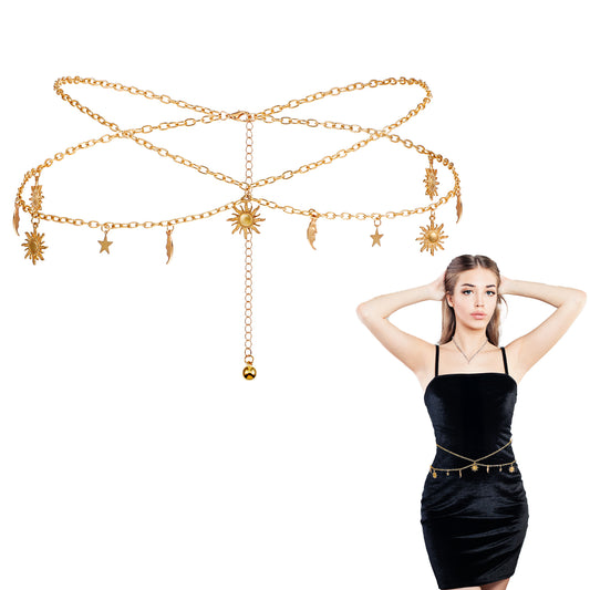 MBAIYO Double Layer Metal Waist Chain, Adjustable Waistchain for Women Link Chain Moon and Sun Multilayer Skinny Chains Waistband Moon and Sun Belly Waistchain Decor Belts