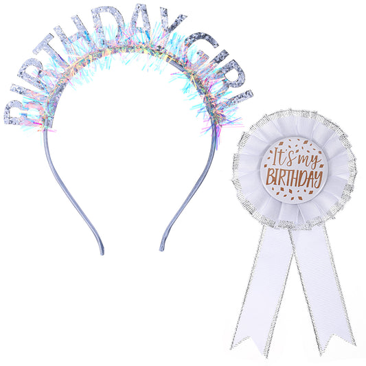 HJZHII Birthday Girl Headband Crown & Brooch Pin Set, Birthdays Crown IT's MY BIRTHDAY Headband Satin Fabric Happy Birthdays Button Apparel Pin Celebration Accessory for Women Gift Party Decoration