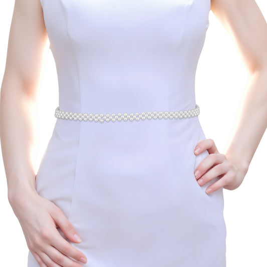 HJZHII Pearl Belt Sash, Bridal Belt Skinny Wedding Pearl Waist Belts Waist Beads Adjustable White Ribbon Pearls Belts for Formal Dress Women Girls Bridal Bridesmaid