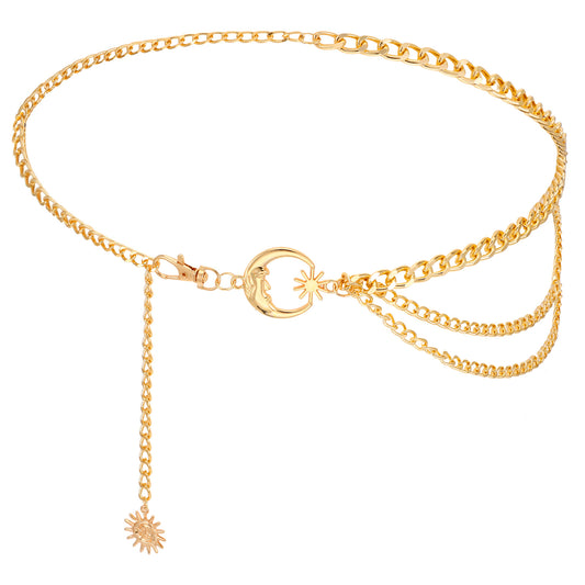 BOHUIZ Multilayer Metal Waist Chain Belt for Women, Sun Moon Belly Belt Body Chain Jewelry Accessories for Dress Jeans