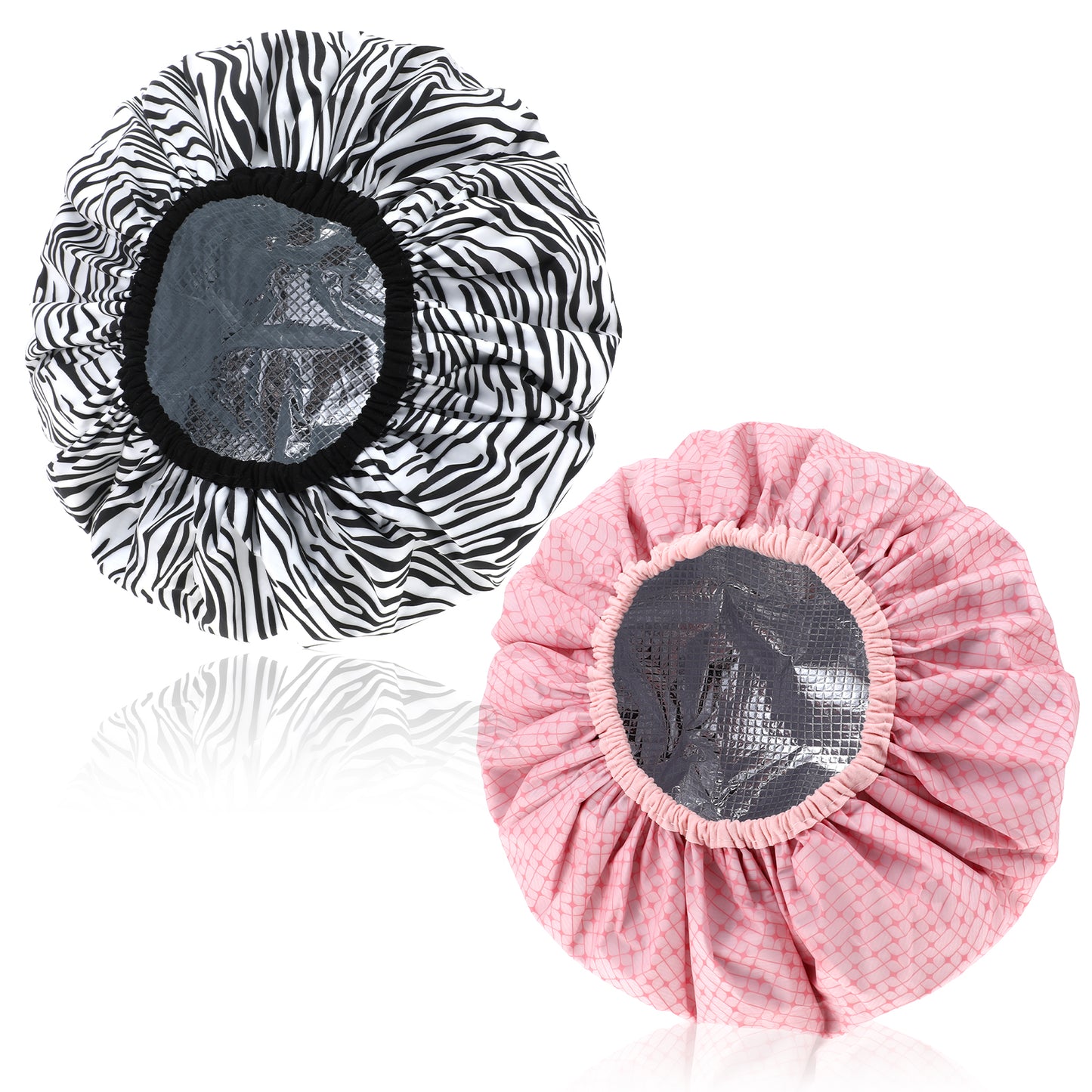 JJUNW 2 Pcs Double Layer Deep Conditioning Cap, Aluminum Foil Hair Heat Cap Reusable Shower Caps Steam Caps for Hair Treatments Home and Salon Use(Pink+Striped)