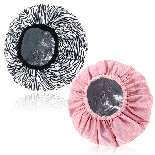 JJUNW 2 Pcs Double Layer Deep Conditioning Cap, Aluminum Foil Hair Heat Cap Reusable Shower Caps Steam Caps for Hair Treatments Home and Salon Use(Pink+Striped)