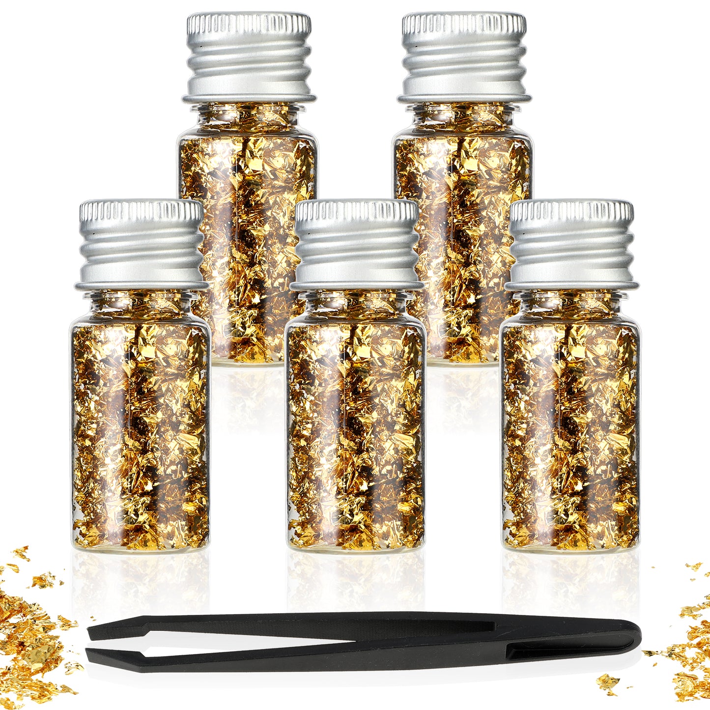 Molain Gold Leaf, Gold Foil Flakes for Resin,5 Bottles Metallic Foil Flakes for Resin Glitter Gold Leaf Sheets Nail Art Jewelry Making Art Decoration Crafts Makeup Gold Leaf with Tweezers