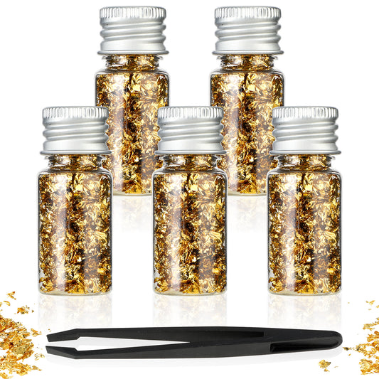 Molain Gold Leaf, Gold Foil Flakes for Resin,5 Bottles Metallic Foil Flakes for Resin Glitter Gold Leaf Sheets Nail Art Jewelry Making Art Decoration Crafts Makeup Gold Leaf with Tweezers
