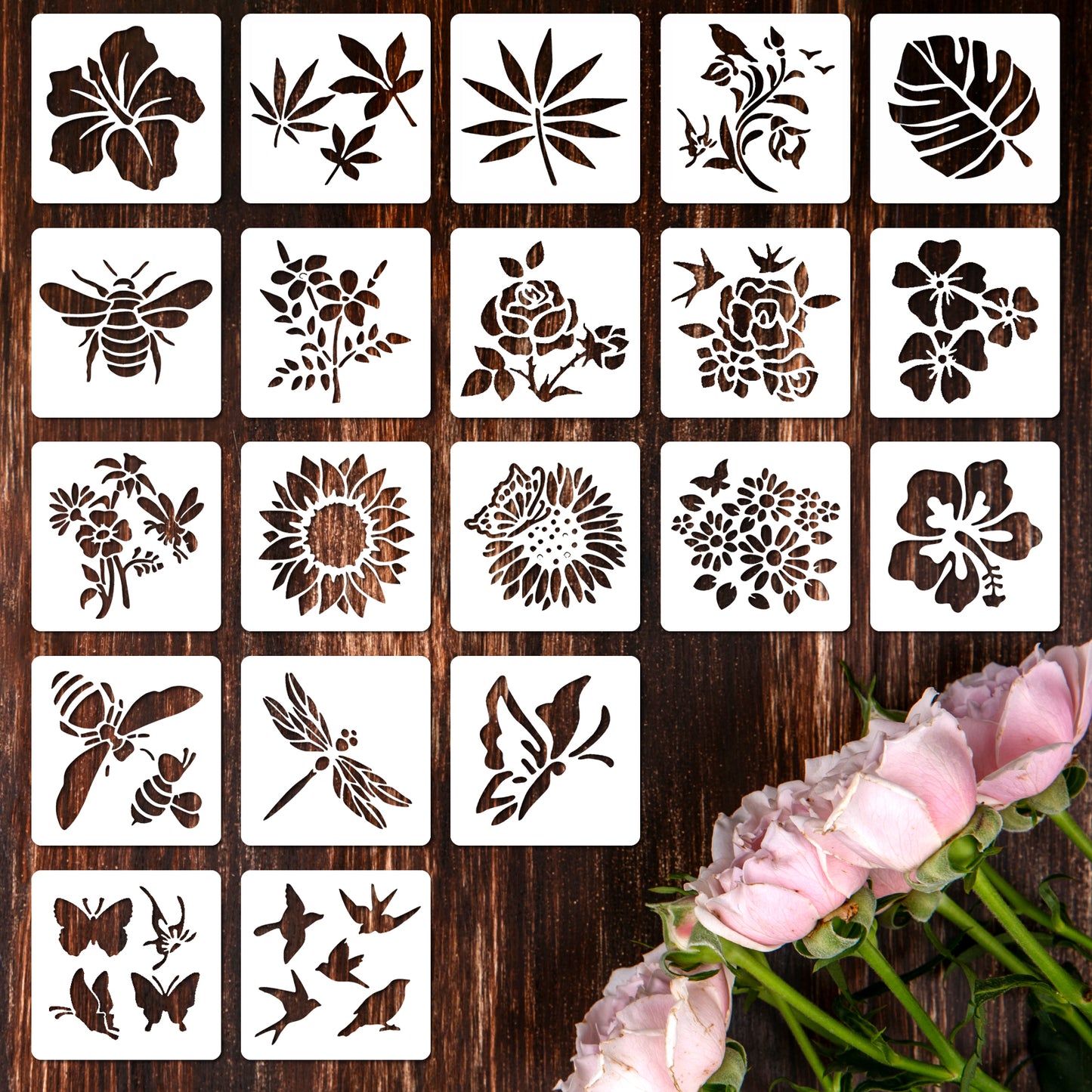 LXUEJIE 20 Pcs Flower Stencils for Painting, 3 Inch Waterproof Plastic Floral Stencils for Crafts, Reusable Drawing Stencil for Painting on Wall for Furniture DIY Crafts Canvas Home Decor