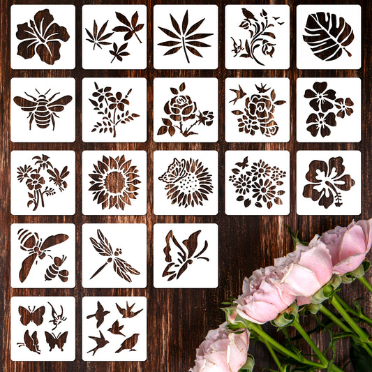 LXUEJIE 20 Pcs Flower Stencils for Painting, 3 Inch Waterproof Plastic Floral Stencils for Crafts, Reusable Drawing Stencil for Painting on Wall for Furniture DIY Crafts Canvas Home Decor