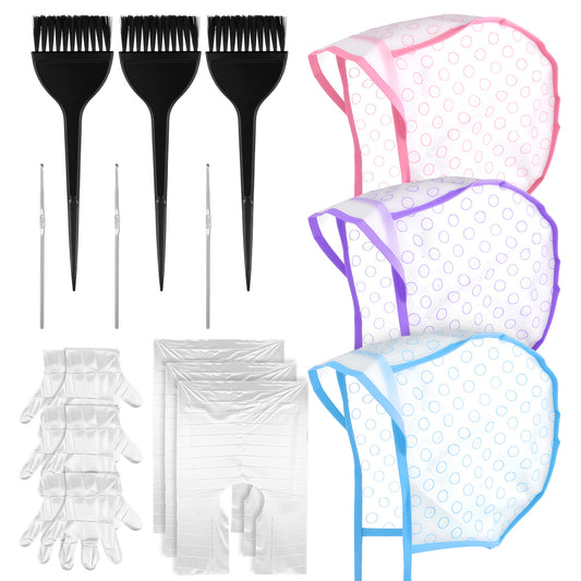 LXUEJIE 3 Sets Highlight Cap Kit with 3 Pcs Hair Highlighting Caps, 3 Pcs Styling Tools, 3 Pcs Disposable Hair Dye Shawl, 3 Pairs Gloves, 3 Pcs Dye Brushes Highlight Hairs Coloring Kit for Salon Hairs