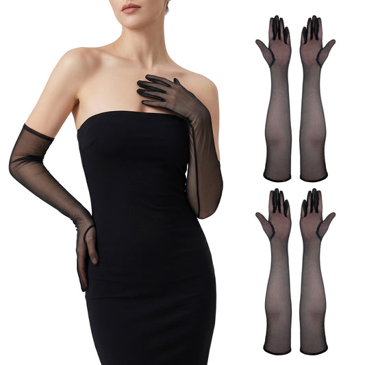 HJZHII 2 Pairs Long Black Sheer Gloves, Long Women's Stretchy Black Sheer Gloves Lace Opera Gloves Women Formal Sheer Tulle Glove 1920s Accessories Opera Evening Party Dance Glove for Hallowmas