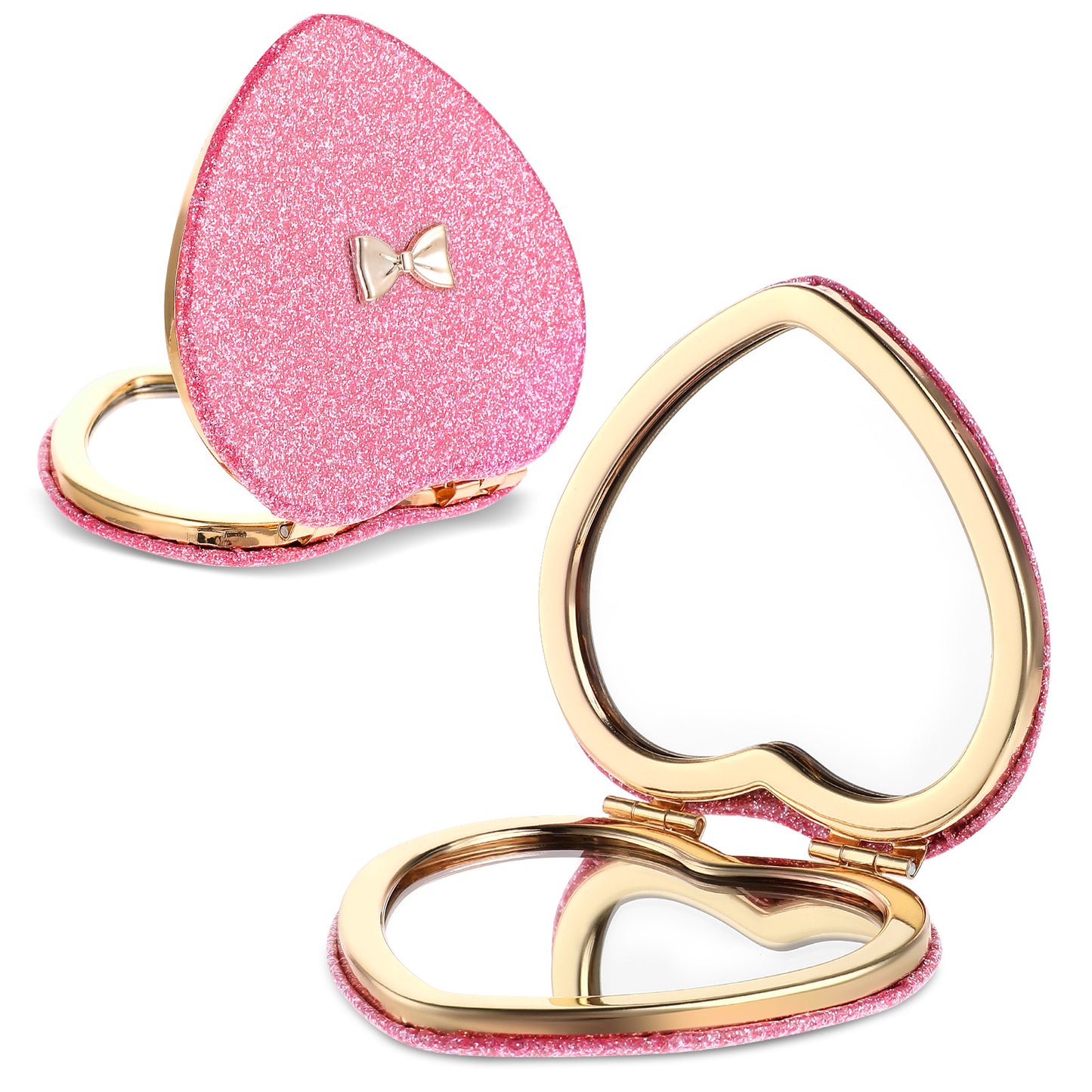 Amabro 2 Pack Heart Shaped Compact Folding Mirror, Pink Bow Pocket Mirror Double-Sided 1x/2x Magnifying Purse Mirrors Mini Glitter Portable Travel Makeup Mirrors for Women Valentine's Day