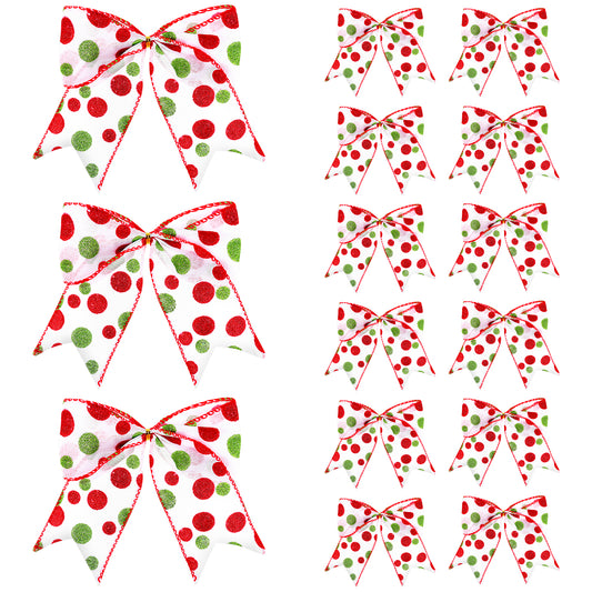 JIEYAO 15 Pcs Red Green Christmas Bows Decorations, 5.9“ Large Xmas Elf Tree Dot Bows, Christmas Wreaths Bows Peppermint Grland Ribbon Ornaments Santa Gift Decor for Home Party Crafts Gift Wrap(White)