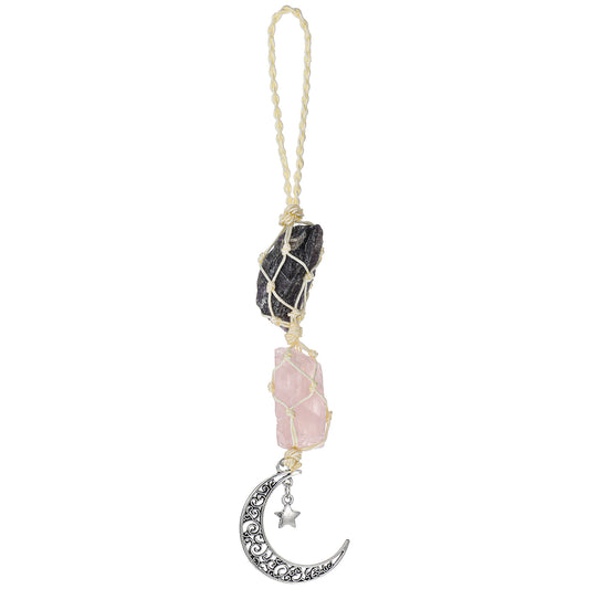 JIEYAO Healing Crystal Car Hanging Ornament, Rose Quartz Amethyst Pendant Moon Star Pendant Charm Spiritual Healing Rearview Mirror Decoration Meditation Protection Energy Gifts for Dashboard Interior