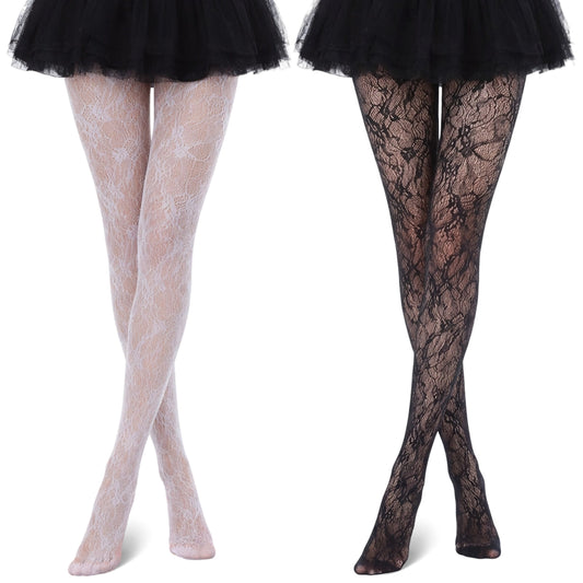 Cobee 2 Pcs Patterned Tights For Women, Lace & Floral Black White Fishnet Fashion Tight, Fishnet Stockings Fish Net Tights Adult Women (Black and white)