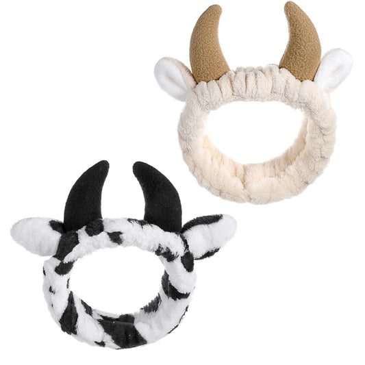 JJUNW 2Pcs Cow Ears Makeup Headband, Skincare Headband, Ear Horn Headbands Face Wash Headbands Skincare Hair Band for Washing Face, Cute Women for Cow Party Favors Cosplay Makeup