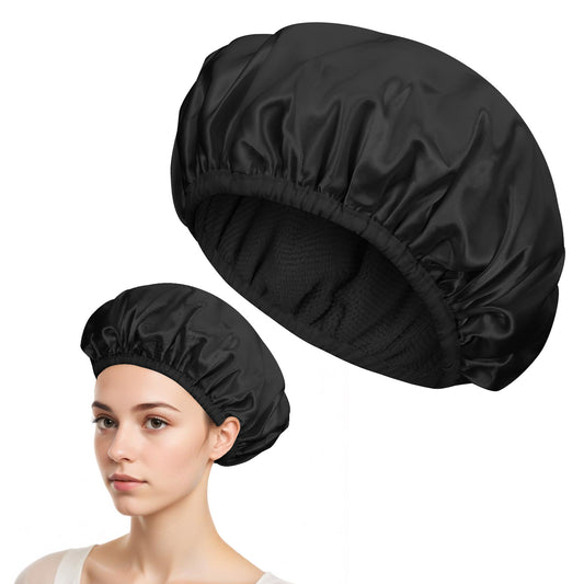 BOHUIZ Shower Cap, Triple Layer Shower Cap for Women Terry Cloth Lined Reusable Waterproof Bath Cap Hair Cap for Long Thick Hair(Black)