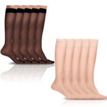 Yuanchu 10 Pairs Knee High Stockings for Women, 18 Denier Sheer Socks with Reinforced Toe Trouser Socks One Size(Black,Skin)