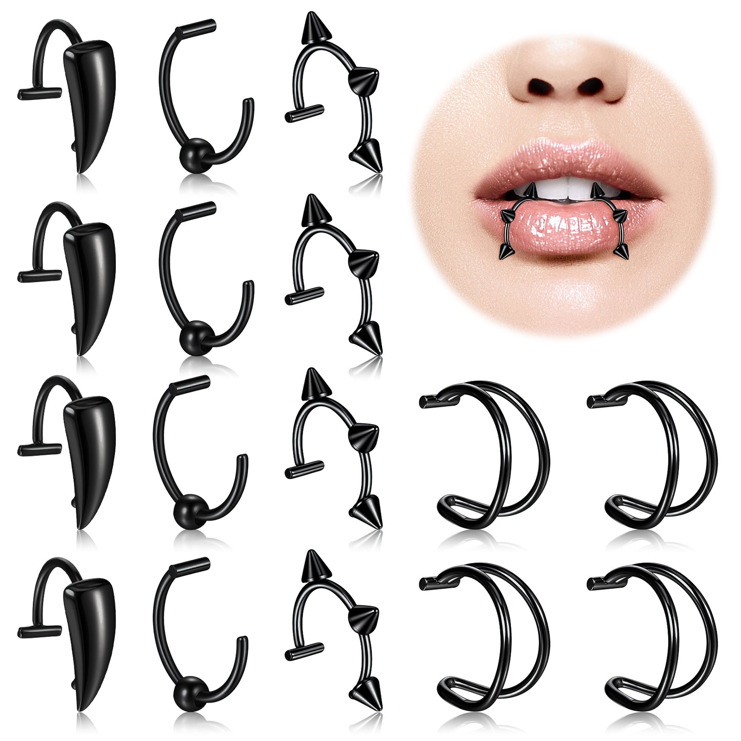 WJIAAA16 Pcs Stainless Steel Fake Lip Ring Teeth Fangs for Halloween Jewelry Clip Adjustable Non-Piercing Lip Piercing Jewelry for Women Men(black)