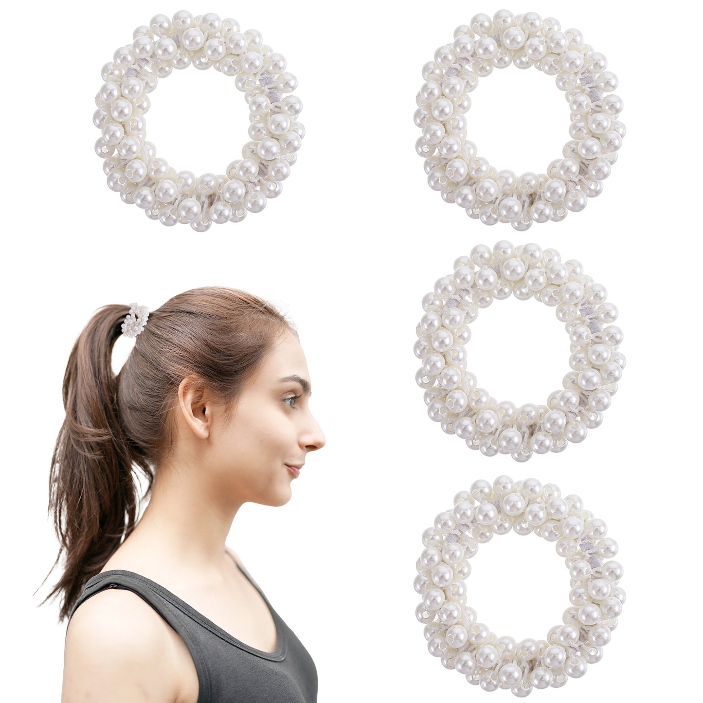 Molain 4 Pack Pearl Hair Ties, Fashion Elastic Hair Scrunchies Weave Beaded Ponytail Holders Hair Accessories for Women and Girls(White)