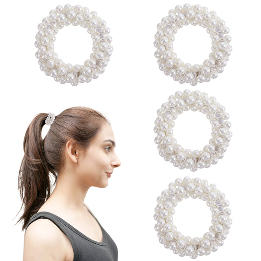 Molain 4 Pack Pearl Hair Ties, Fashion Elastic Hair Scrunchies Weave Beaded Ponytail Holders Hair Accessories for Women and Girls(White)