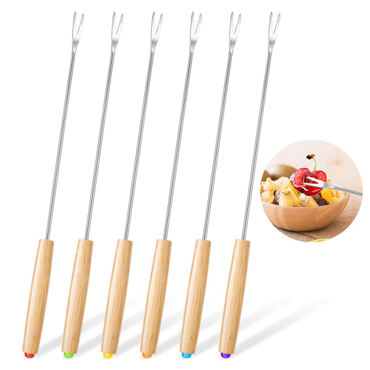 Giantree 6Pcs Fondue Forks Stainless Steel, 9.5 Inch Fondue Sticks, Fondue Cheese with Oak Wood Handle, Fruit Fork Chocolate Fondue Set for Chocolate Fountain Cheese Fondue Dessert Meat