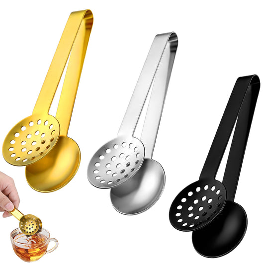 HJZHII 3 Pcs Tea Bag Squeezer Tongs, Stainless Steel Teabag Strainer Dispenser Tea Filter Spoon Clamp Dispenser Accessories for Gripping Teabags Ice Sugar Lemon Slice (Black, Silver, Gold)