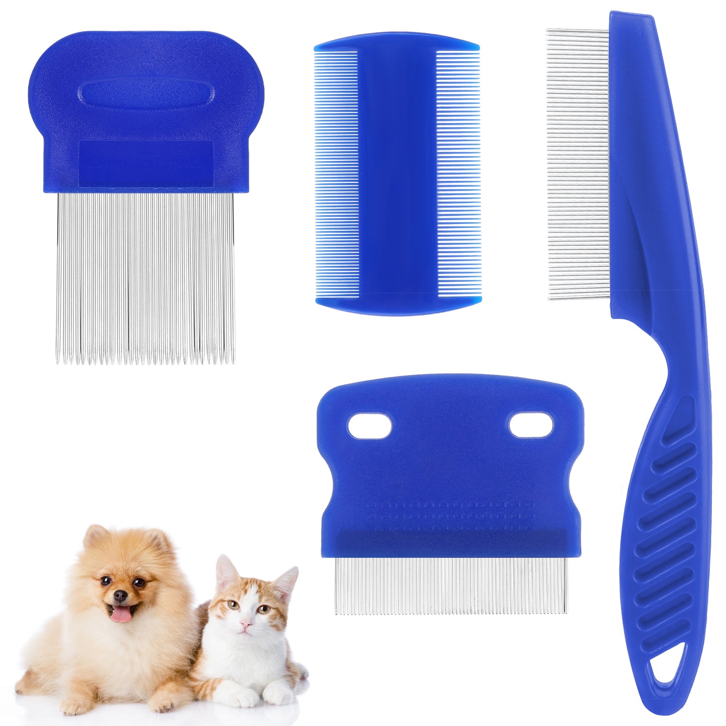 Molain 4 PCS Flea Lice Comb, Stainless Steel Dog Cat Grooming Combs with Rounded Teeth, Double Sided Professional Pet Tear Stain Remover, Dematting Tool for Small Medium Large Pets(Blue)