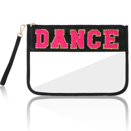 HJZHII Dance Makeup Bag, Dance Recital Bags Clear Dances Bag Chenille Letter Bags with Zipper for Appreciation Gift Cosmetic Pouch Flat Waterproof Travel Purse Competition Women Storage Accessories