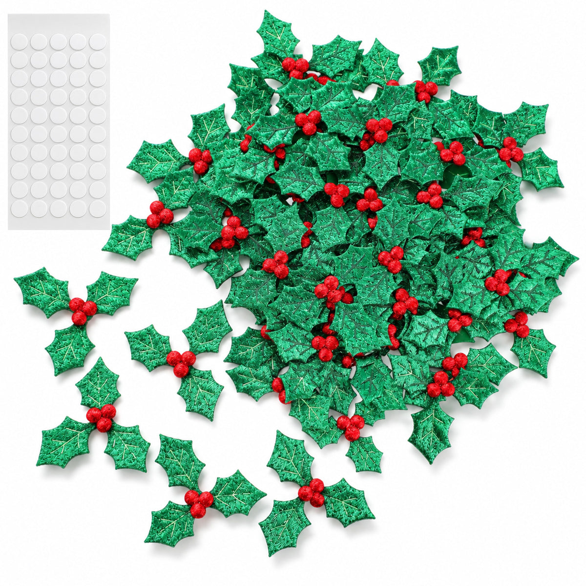200Pcs Triple Leaf Holly Berries 2 Sizes, Christmas Crafts Embellishments