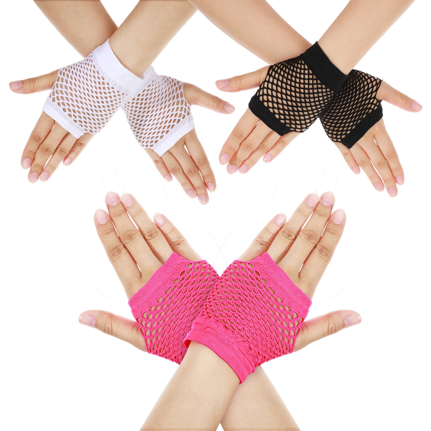 XLIUAX 3 Pairs Fingerless Fishnet Gloves, Breathable Lace Mesh Gloves 80s Scene Cosplay Costume Accessories for Women Halloween Theme Party New Year Valentine's Day Birthday Gift