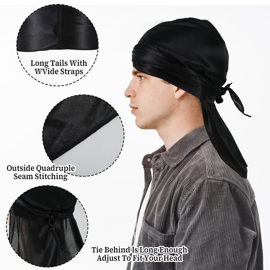 JIEYAO Silky Durag for Men, Satin Dorag with 1 Wave Cap, Silk Doo Rag with Long Tail and Wide Straps Du rag Headwraps(Blue)