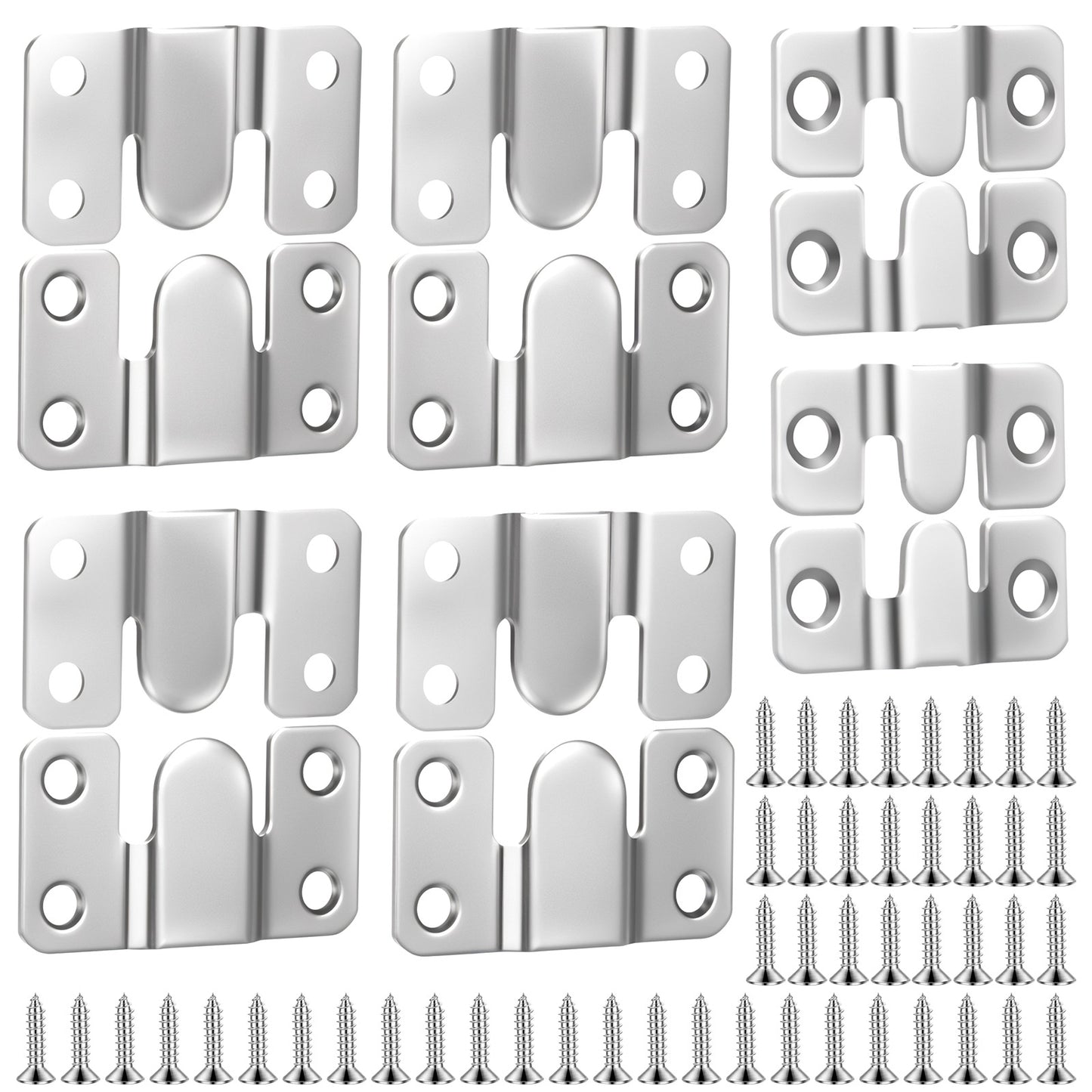 TIESOME 12PCS Interlocking Flush Mount Brackets, Heavy Duty Stainless Steel Picture Frame Hangers Photo Frame Hook Mirror and Furniture Connector (4 Pairs 53x30mm, 2 Pairs 44x19mm)
