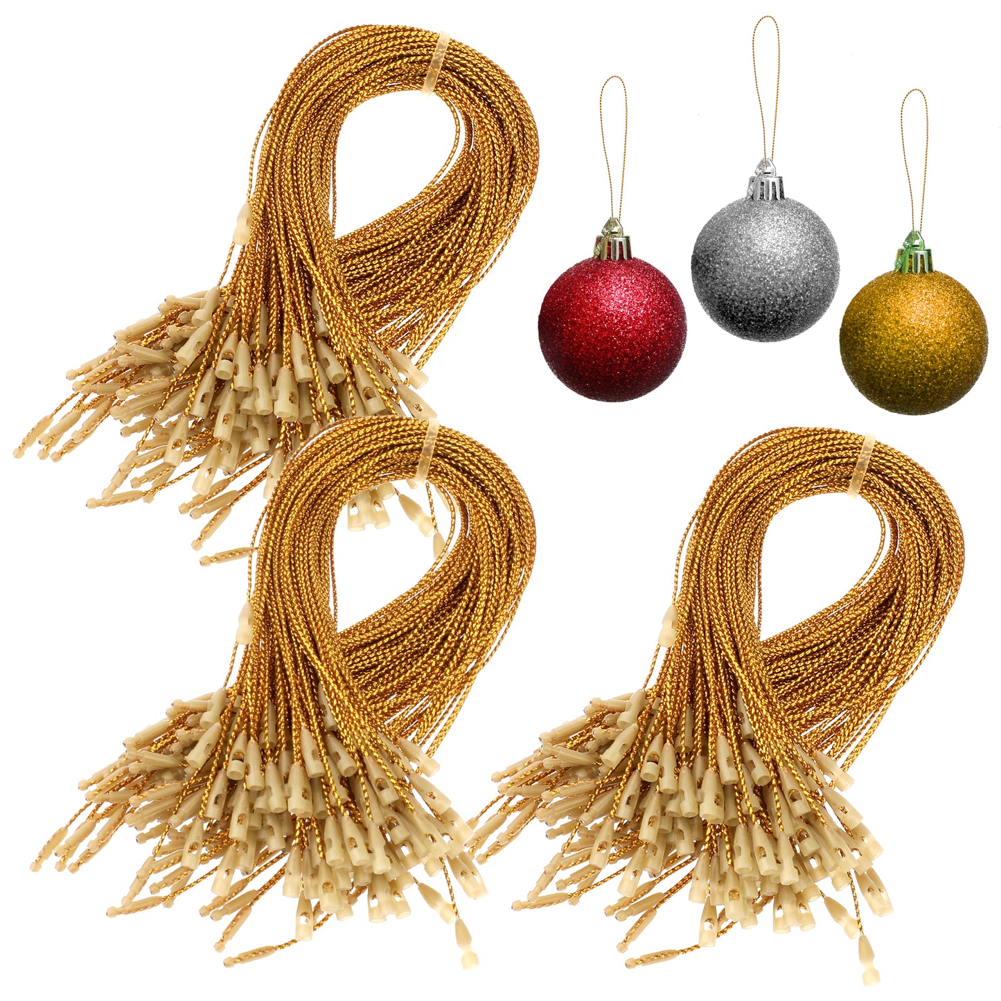 Molain 300Pcs Christmas Ornament Hooks, Ornament Hangers with Snap Ornament String for Christmas Tree Holiday Party Hanging Decorations Ropes Precut Ribbon Hook Easy and Fast Locking(Gold)
