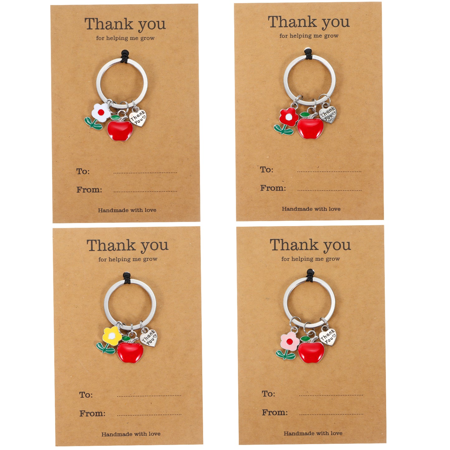XLIUAX 4Pcs Thank You Keychain, Thank You for Helping Me Grow, Thank You Teacher Cards, Nursery Leaving Gifts Teacher Key Chain for Teachers Appreciation, School Leavers Christmas Graduation Gift
