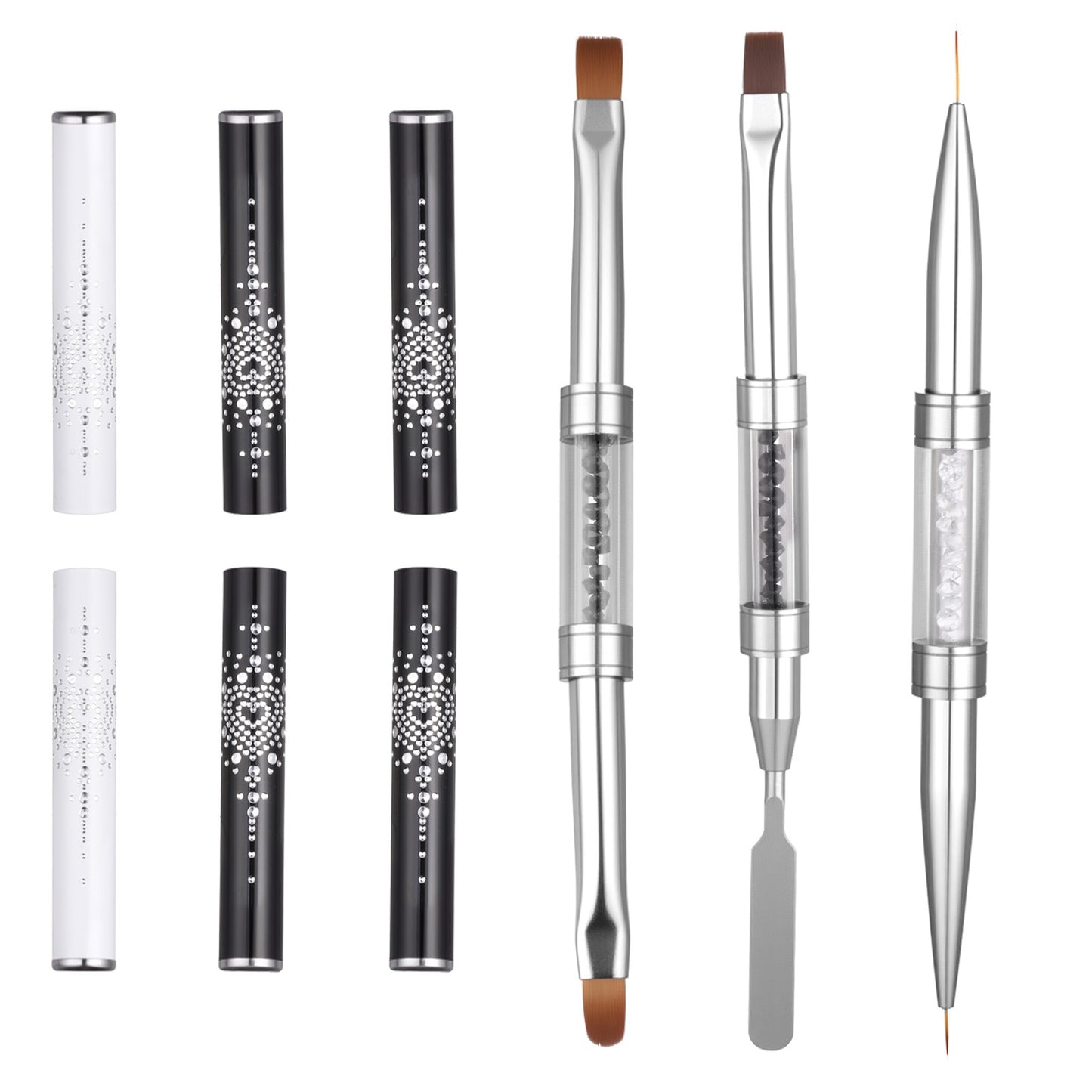 JIYIN 3Pcs Double Ended Hard Gel Nail Brushes, French Tip Nail Gels Liner Brush Rhinestone Handle Nails Brush, Builder Gel Liner Brushes for Professional Nails Art French Manicure Design