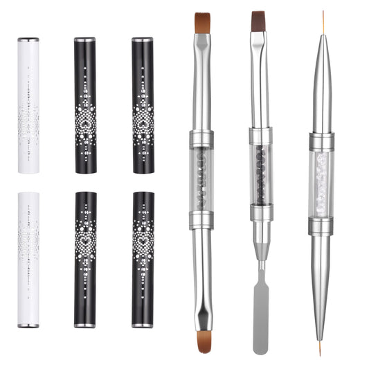 JIYIN 3Pcs Double Ended Hard Gel Nail Brushes, French Tip Nail Gels Liner Brush Rhinestone Handle Nails Brush, Builder Gel Liner Brushes for Professional Nails Art French Manicure Design