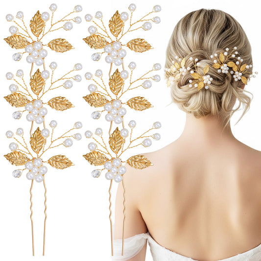 cobee 6 Pcs Bridal Wedding Hair Pins, Gold Leaf Bridal Hair Pins Wedding Headpiece Jewelry Pearl Hairs Styling Pin Weddings Hairs Accessories(Gold)