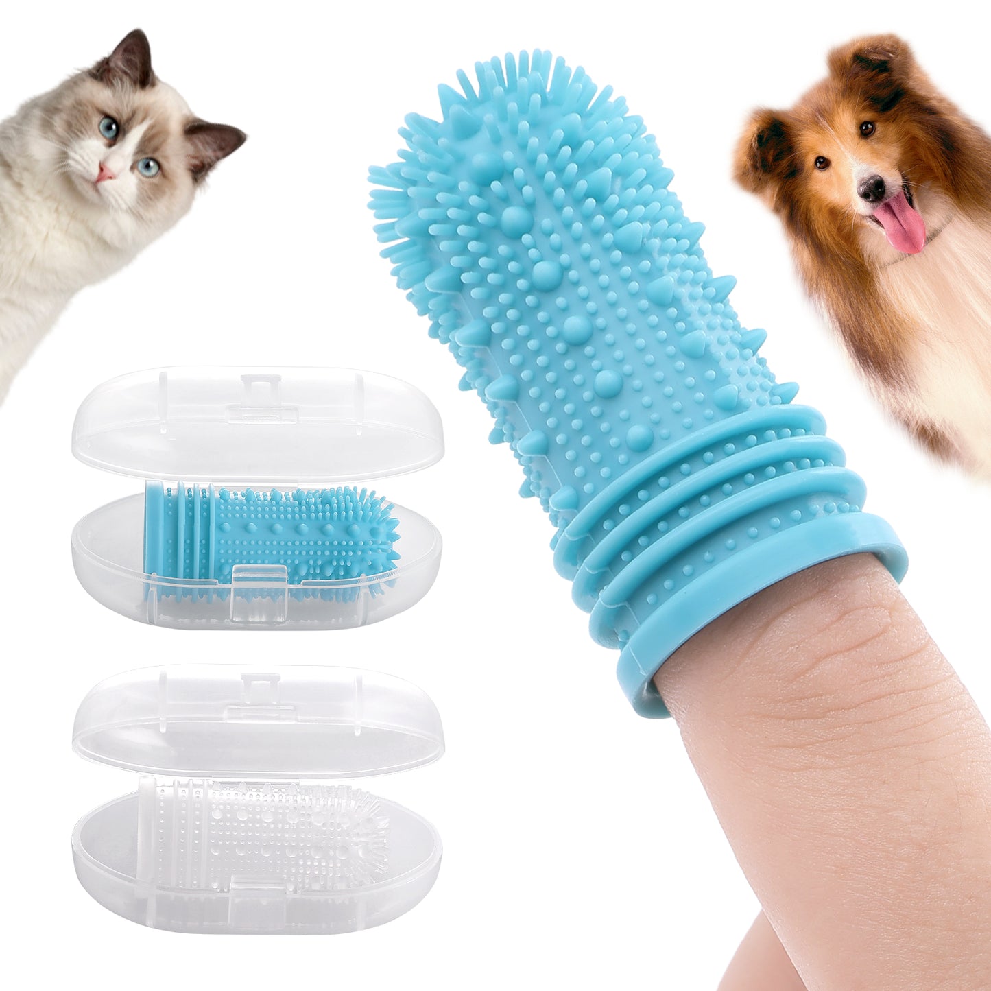Molain Dog Toothbrush- Enhanced Version 360º Full Surround Silicone Bristles Toothbrushes Easy Teeth Clean for Cat and Dog, Teeth Clean Two-Times More Effective (Blue+White, 2Pcs)