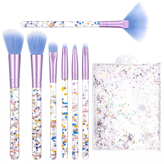 HJZHII 7 PCS Blue Makeup Brushes Set, Crystal Sparkles Makeup Brush Professional Blending Brush Cute Fan Powder Lip Eye Shadow Eyebrow Eye Brush with Sequins Handle for Women(Blue)