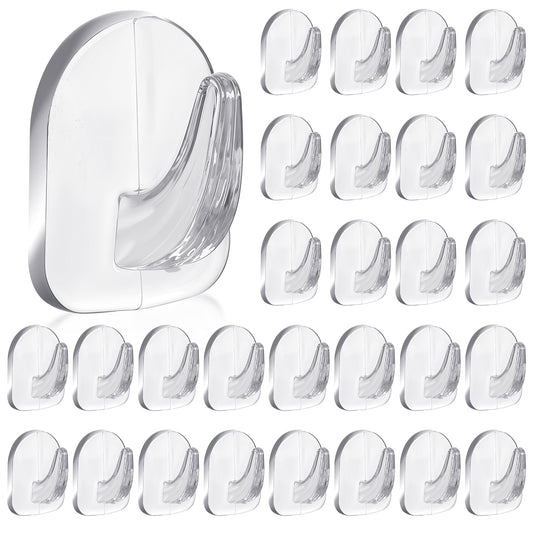 JJUNW 30Pcs Strong Clear Adhesive Wall Hooks, Reusable Seamless Hooks Small Acrylic Sticky Hangers for Kitchen Bathroom Bedroom Office