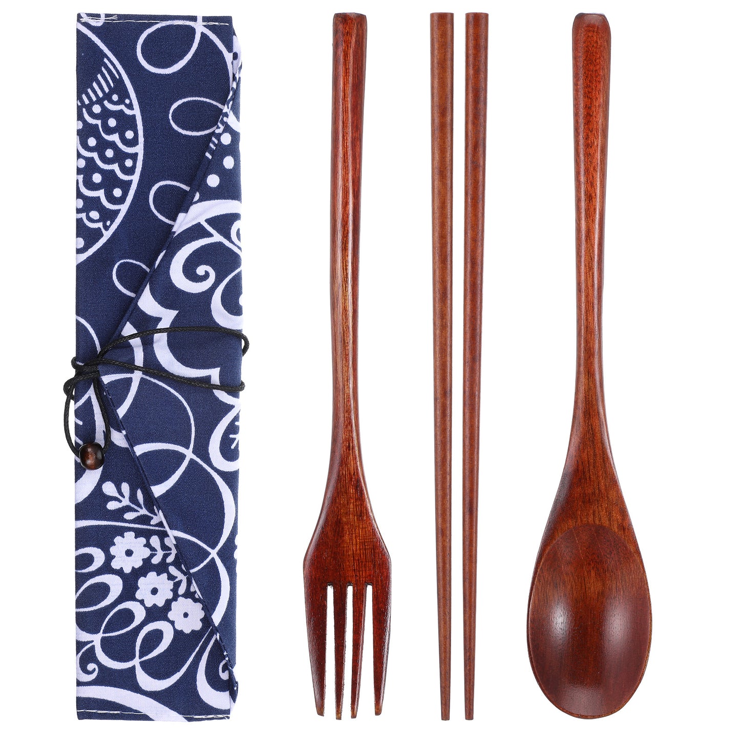 DOPENSPI 7PCS Wooden Tableware, Nanmu Japanese Style Cutlery Set with Oriental Style Pouch Wooden Utensils for Eating Reusable Wood Utensil Set Sushi Tableware for Daily Use Home Travel Camping