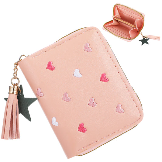 JIEYAO Cute Girls Zipper Wallet, Slim Small Kids Purse Tassels Leather Coins Pocket Purse with Embroidery Hearts for Girls Kid Childrens Teenagers Women Gift(Pink)