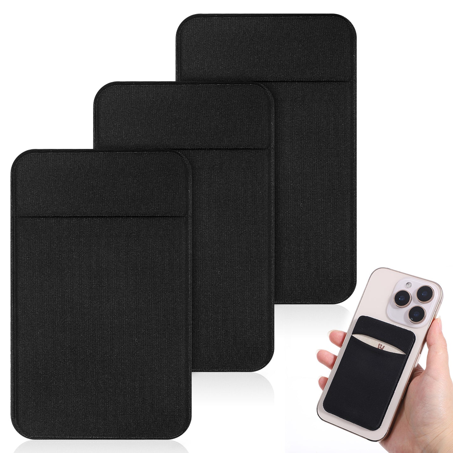 LXUEJIE 3 Pack Cell Phone Card Holder Pocket for Back of Phone, Stretchy Stick on Wallet Pocket Credit Card ID Case, Cell Phones Pockets Self Adhesive Cards Holder for Smartphones (Black)