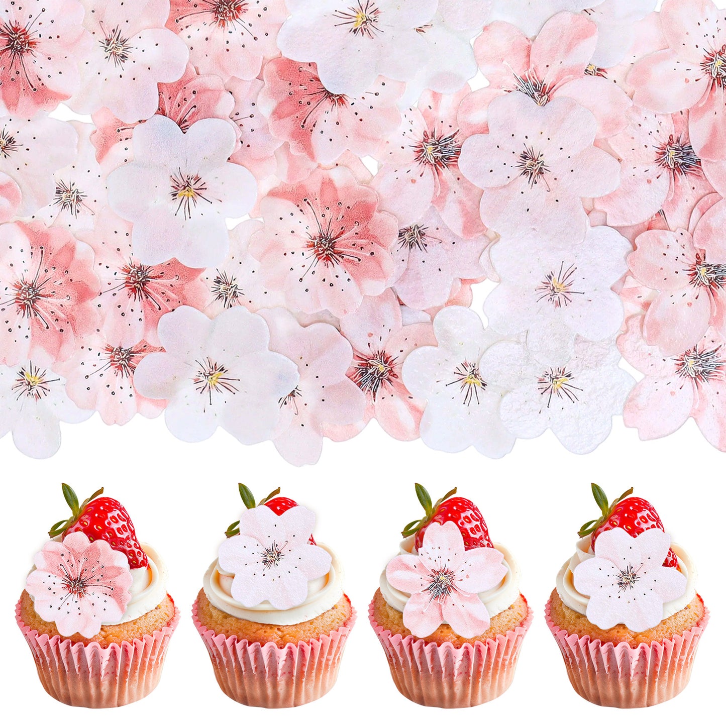 DOPENSPI 75 PCS Edible Cherry Blossoms Cupcake Toppers, Edible Cherry Blossoms Flowers Cake Decorations Wafer Paper Flowers Cupcake Topper for Wedding Baby Shower Birthday Party Anniversary Supplies