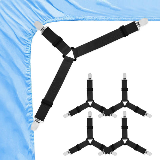 Amabro 4PCS Sheets Holder Straps, Adjustable Triangle Bed Sheet Fasteners Elastic Suspenders Gripper with Metal Clips for Bed Sheets Mattress Covers Sofa Cushions(Black)