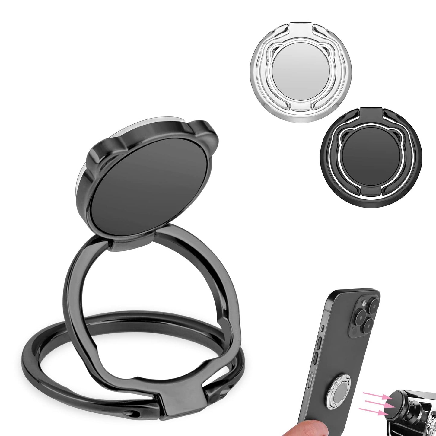 Cobee Cell Phone Ring Holder 2 Pack Foldable Finger Kickstand Kawaii Cute Bear Shape Cell Phone Stand 360° Rotation Phone Holder for Desk Magnetic Car Mount Phone Back Grip(Black, Silver)