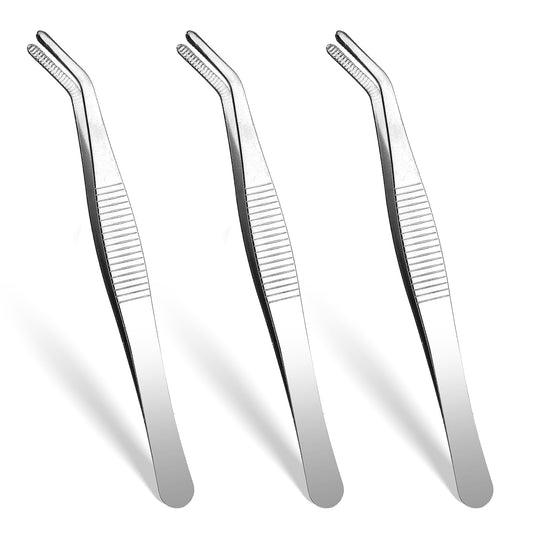 AOZUO Set of 3 Tweezers Pointed, Stainless Steel Tweezers Long, Blunt Tweezers Set Tweezers with Curved Serrated Tip Professional Non-Slip Straight Angled for Jewellery Making DIY