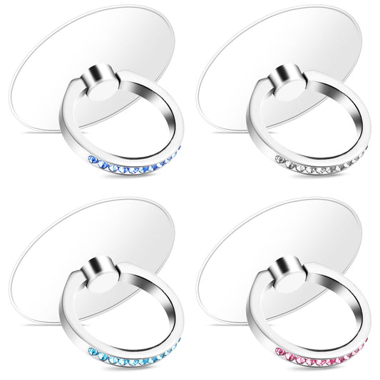 Bewudy 4 Pcs Diamond Phone Ring Holder Grip, Transparent Cell Phone Finger Ring Grip Kickstand, 360° Degree Rotation Finger Ring Stand, Compatible with Most of Phones Tablet and Case