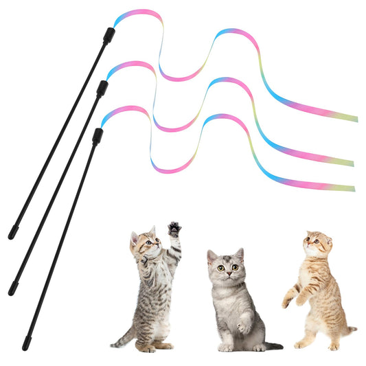 Bewudy Cat String Toy Rainbow Wand, 3Pcs Interactive Cat Teaser Wand Toy for Indoor Cats Adult, Colorful Ribbon for Kitten, Cat Stick Toys for Play Chase Exercise