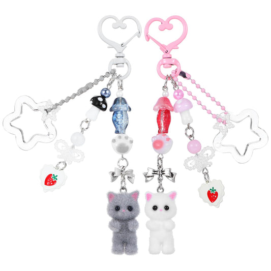 AOZUO 2 Pcs Cute Cat Keychain, Kawaii Cat Key Chain Fuzzy Kitty Cat Keychain Aesthetic Y2K Heart Bow Keyring Bag Camera Phone Charm Pendant Gifts for Women Girls, Colorful, 12.5cm/4.92in